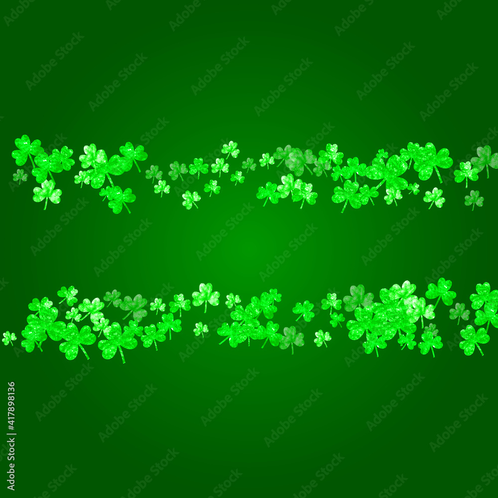 St patricks day background with shamrock. Lucky trefoil confetti. Glitter frame of clover leaves. Template for gift coupons, vouchers, ads, events. Irish st patricks day backdrop. St patricks day background with shamrock. Lucky trefoil confetti. Glitter frame of clover leaves. Template for gift coupons, vouchers, ads, events. Irish st patricks day backdrop.