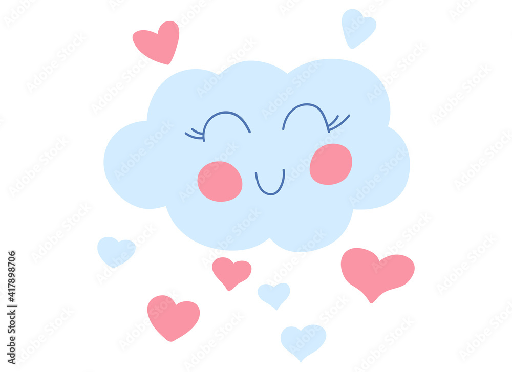 Children's cloud or cloud with a smile and hearts. In soft pastel colors. For fabrics, children's rooms, toys, prints, etc. Isolated on a white background Children's cloud or cloud with a smile and hearts. In soft pastel colors. For fabrics, children's rooms, toys, prints, etc. Isolated on a white background