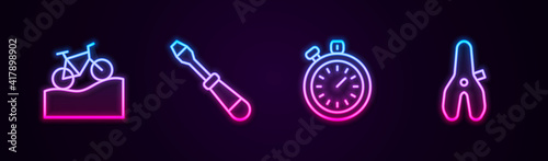 Set line Mountain bicycle, Screwdriver, Stopwatch and Bicycle seat. Glowing neon icon. Vector.