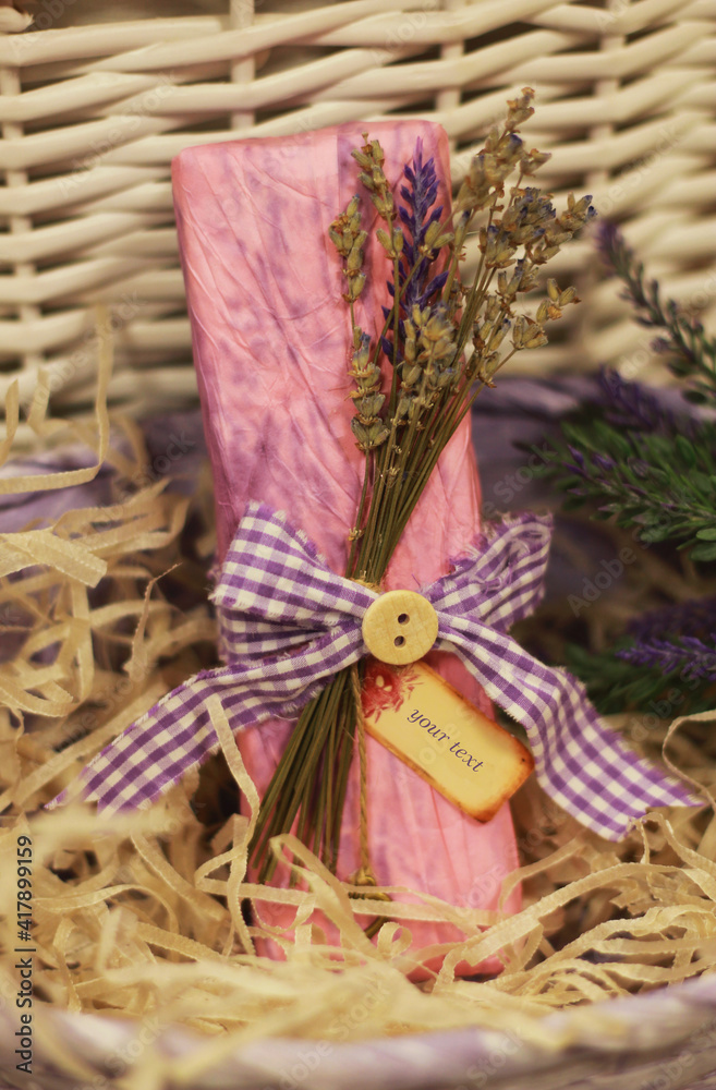 Provence style gift box decorated with a branch of dried lavender and a tag for your text