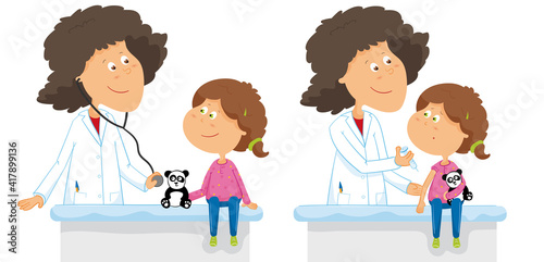 Docteur femme vaccine fille. Vaccination et visite médicale enfant dessin. Illustration médicale vectorielle.