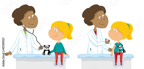 Docteur femme vaccine fille. Vaccination et visite médicale enfant dessin. Illustration médicale vectorielle.