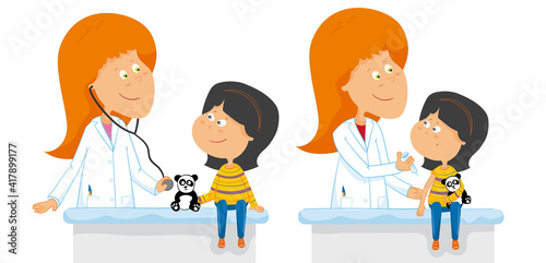 Docteur femme vaccine fille. Vaccination et visite médicale enfant dessin. Illustration médicale vectorielle.