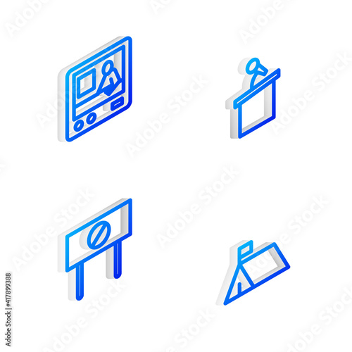 Set Isometric line Stage stand or tribune, Television report, Protest and camp icon. Vector.