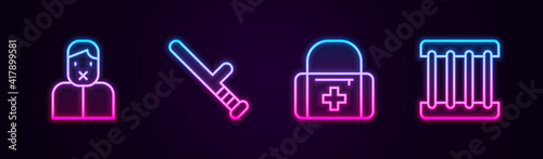 Set line Censor and freedom of speech, Police rubber baton, First aid kit and Prison window. Glowing neon icon. Vector.