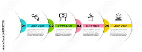 Set line Hooligan shooting stones, Protest, Stage stand or tribune and Lying burning tires. Business infographic template. Vector.