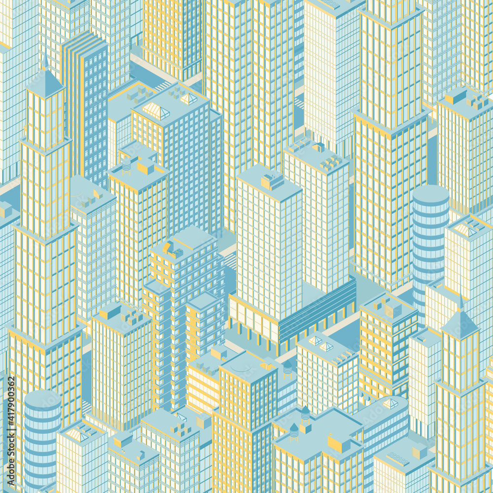 Isometric city centre, cityscape, city skyline. Vector illustration in flat design.