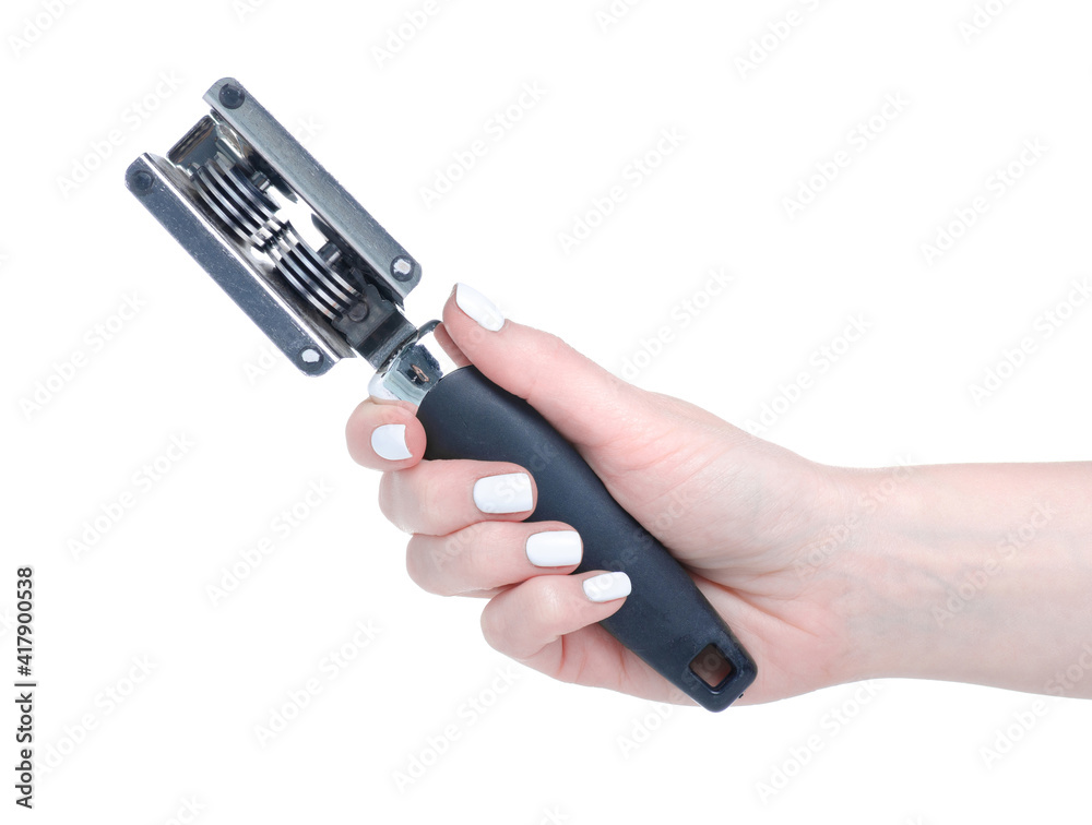 Manual knife sharpener in hand on white background isolation Manual knife sharpener in hand on white background isolation