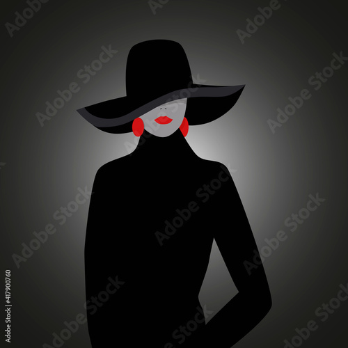 mystery woman. The girl in black. The lady in the hat. Portrait. Vector illustration.