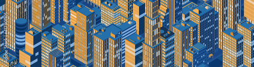Isometric panoramic night city centre, cityscape, city skyline. Vector illustration in flat design.