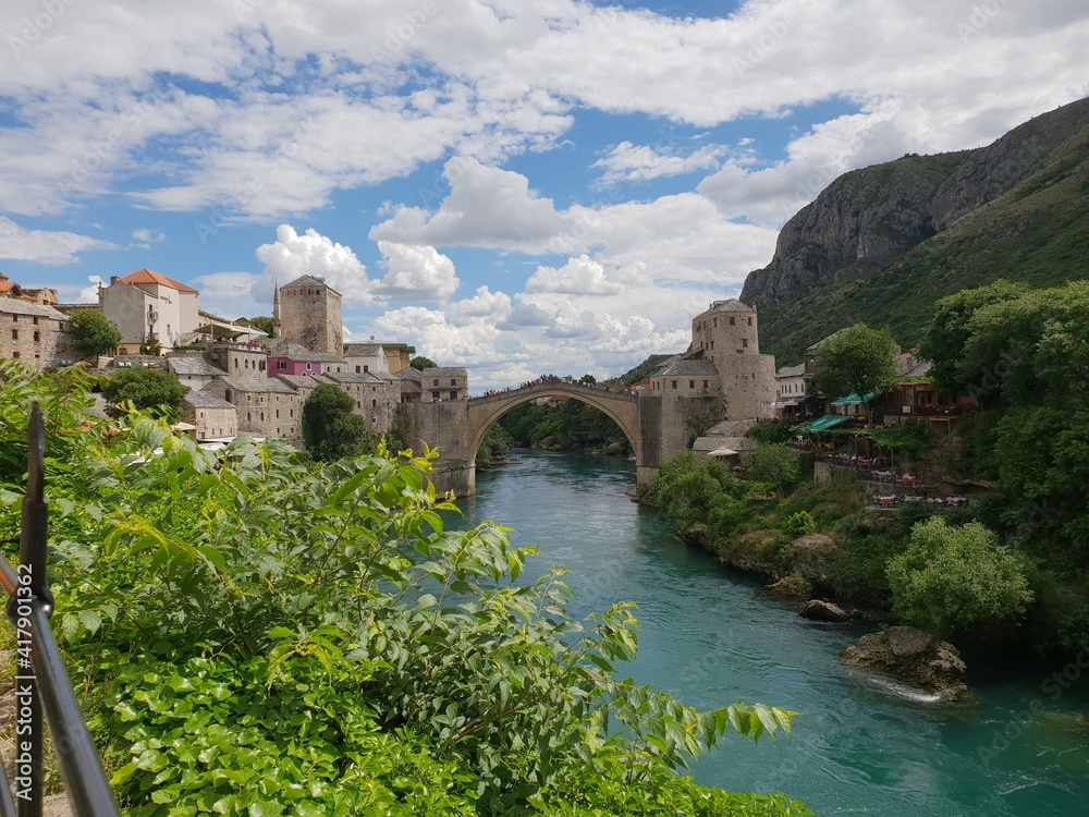 Old town, Neretva river and famous bridge stari most in Mostar, Bosnia-Herzegowina
