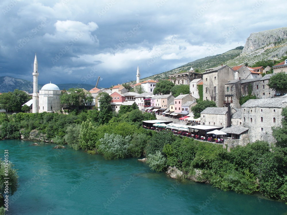 View towards the old town of Mostar, Bosnia Herzegowina, left side the famous Karadjoz Beg Mosque