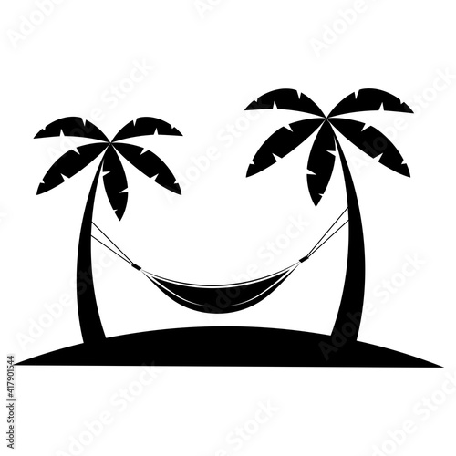 Hammock icon in glyph style. Hammock between palm trees in black color. Glyph icon relaxes. Palm trees on the beach. Summer logotype. Vector illustration