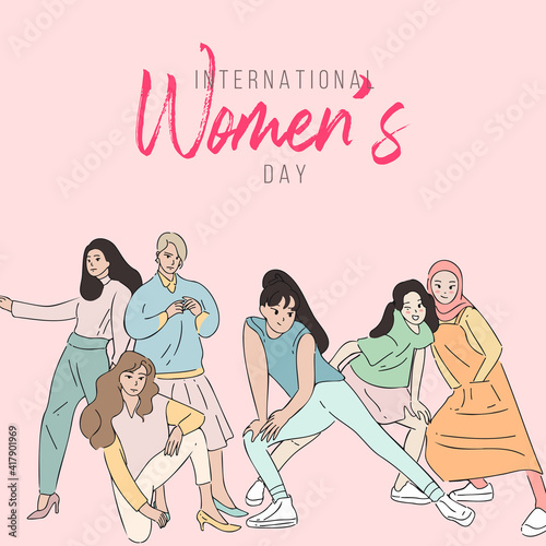 Group of women or girls standing together and pose. Cartoon characters vector illustration of Women's friendship or sisterhood. The concept of the female's empowerment movement