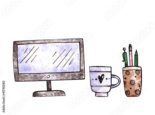 watercolor illustration online education. distance learning. computer, books, tea