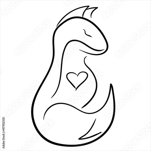 Fox. Vector illustration on a white background. A fox with a heart. Black and white drawing of a fox.