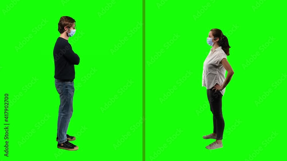Profile of Couple Wearing Face Mask Protection On Green Screen, Full