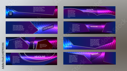 Design elements presentation template. Set horizontal banners background purple glow light effect. Vector illustration EPS for brochure template, business card layout, flyer cover page mockup