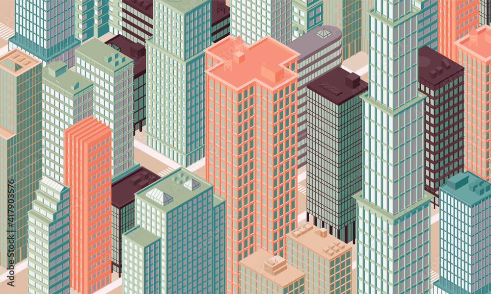 Fototapeta premium Isometric panoramic city centre, cityscape, city skyline. Vector illustration in flat design.