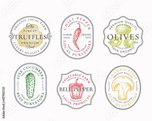 Vegetables and Mushrooms Frame Badges or Logo Templates Collection. Hand Drawn Olives, Truffles, Pickle, Bell and Chili Pepper Sketches with Typography and Borders. Premium Emblems Set. Isolated