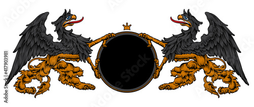 Heraldic background with shield and griffins. 3D vector. High detailed realistic illustration