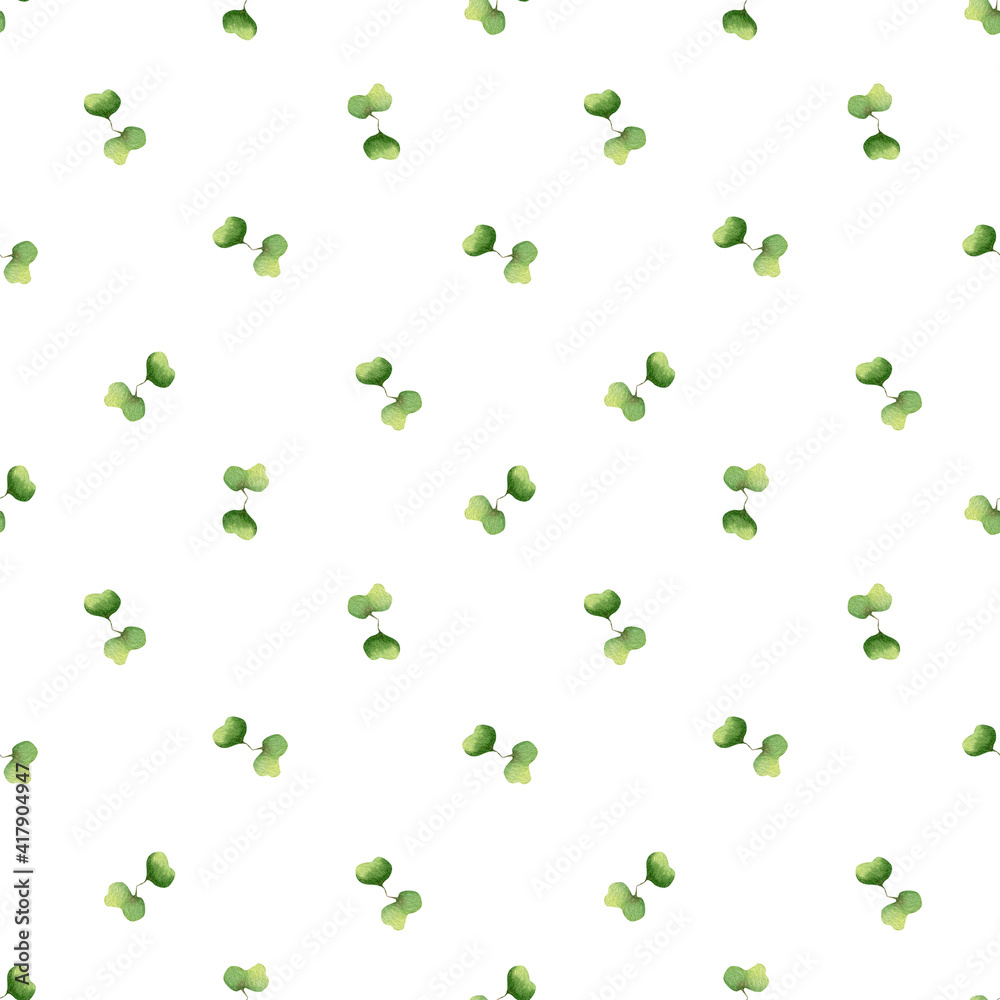 Seamless herbal pattern with watercolor green flavouring sprout, micro greens in polka dot style
