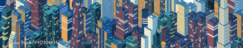 Isometric panoramic city centre, cityscape, city skyline. Vector illustration in flat design.