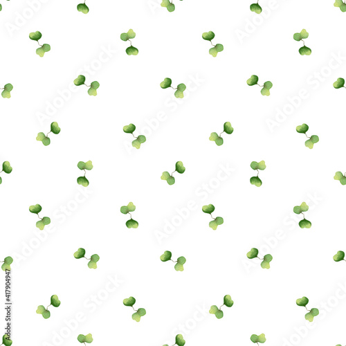 Seamless herbal pattern with watercolor green flavouring sprout  micro greens in polka dot style