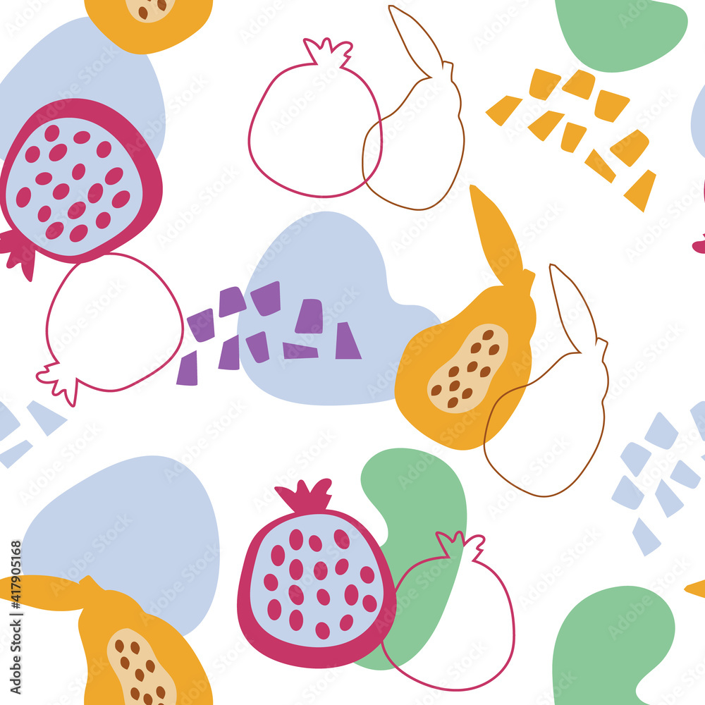Abstract seamless drawing. Hand-drawn fruit in a simple shape. Fresh pomegranate , papaya and avacado. Pieces of colored paper arranged chaotically. vector Abstract seamless drawing. Hand-drawn fruit in a simple shape. Fresh pomegranate , papaya and avacado. Pieces of colored paper arranged chaotically. vector
