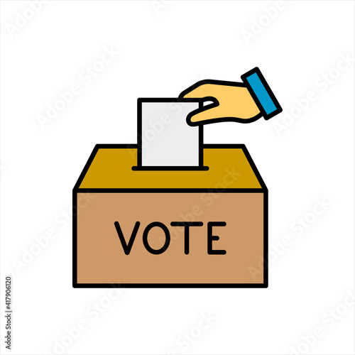 Vote color line icon. Hand putting paper in the voting box on white background. color editable