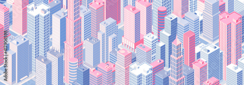 Isometric panoramic city centre, cityscape, city skyline. Vector illustration in flat design.
