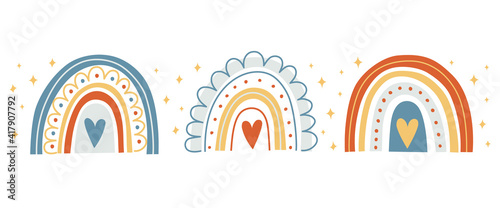 Abstract set of hand drawn doodle rainbows with love. Cute minimalist children vector illustration for baby showers, prints, invitations, parties. Isolated colorful design on white. Fabric pattern.