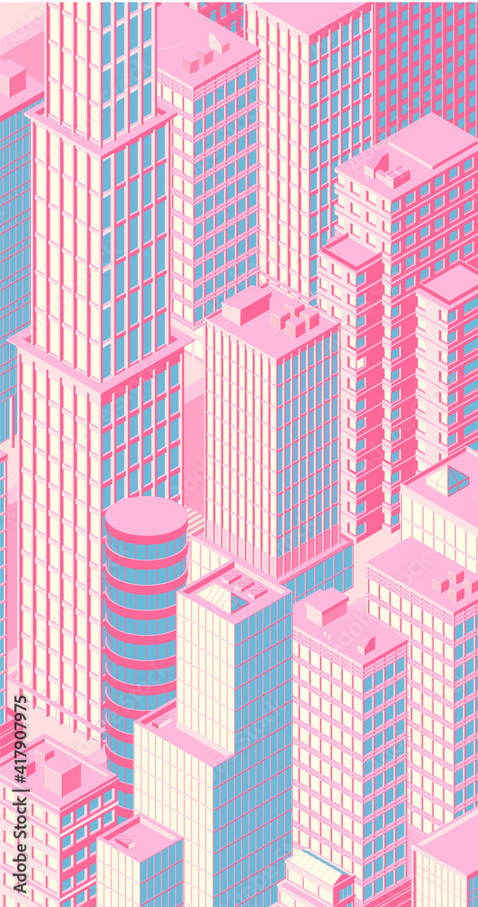 Isometric panoramic city centre, cityscape, city skyline. Vector illustration in flat design.