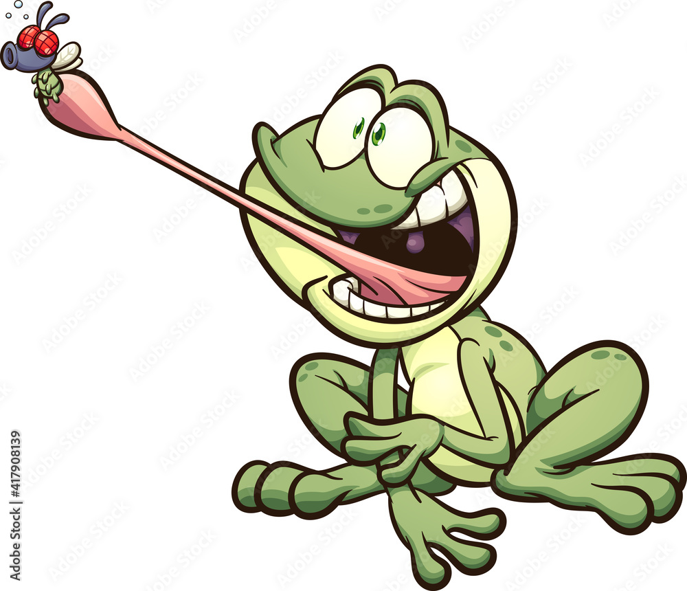 Frog catching a fly with it's tongue cartoon. Vector clip art