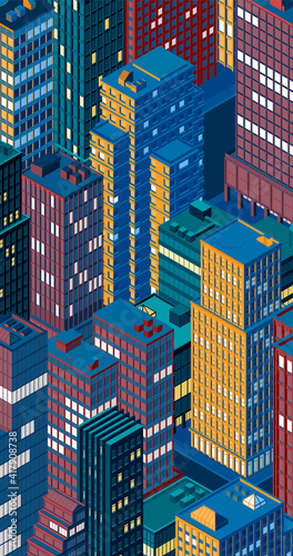 Isometric city centre, cityscape, city skyline. Vector illustration in flat design.