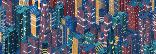 Isometric city centre, cityscape, city skyline. Vector illustration in flat design.
