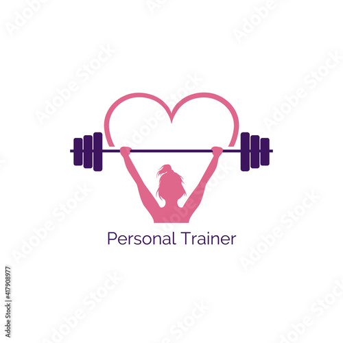 Vector illustration icon of a girl lifting a barbell. Personal trainer concept in pink and purple feminine style