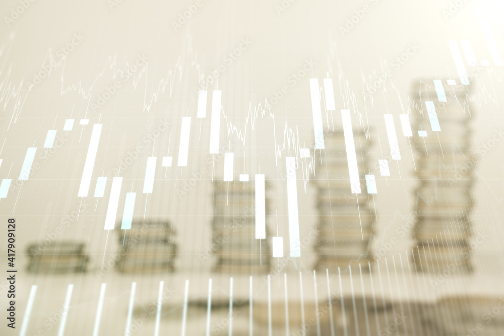 Double exposure of abstract creative financial chart hologram on growing stacks of coins background, research and strategy concept Double exposure of abstract creative financial chart hologram on growing stacks of coins background, research and strategy concept