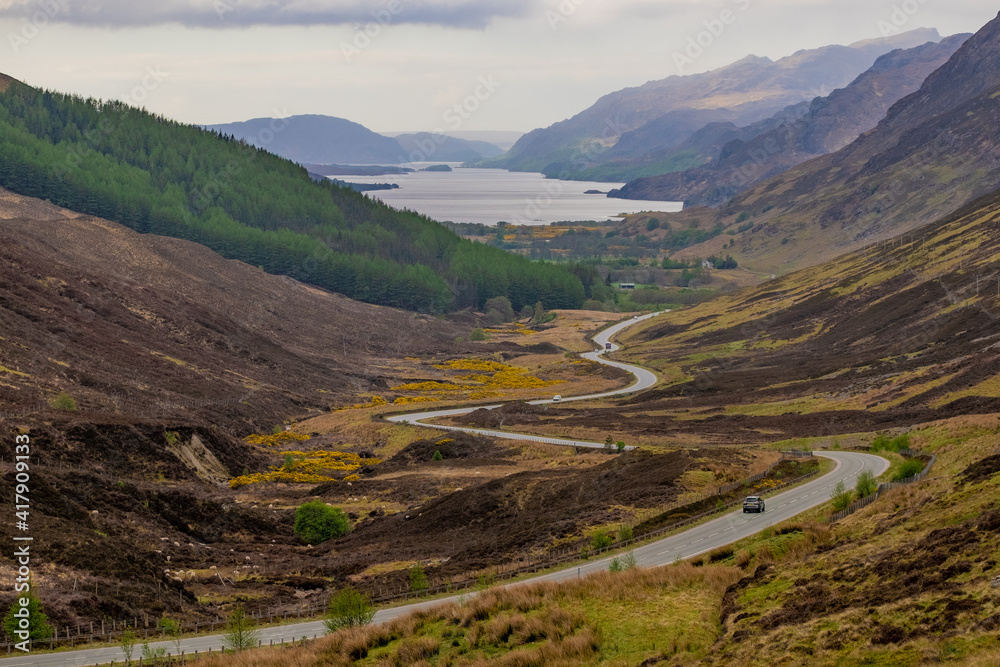 Landscape with winding country roads in Scotland