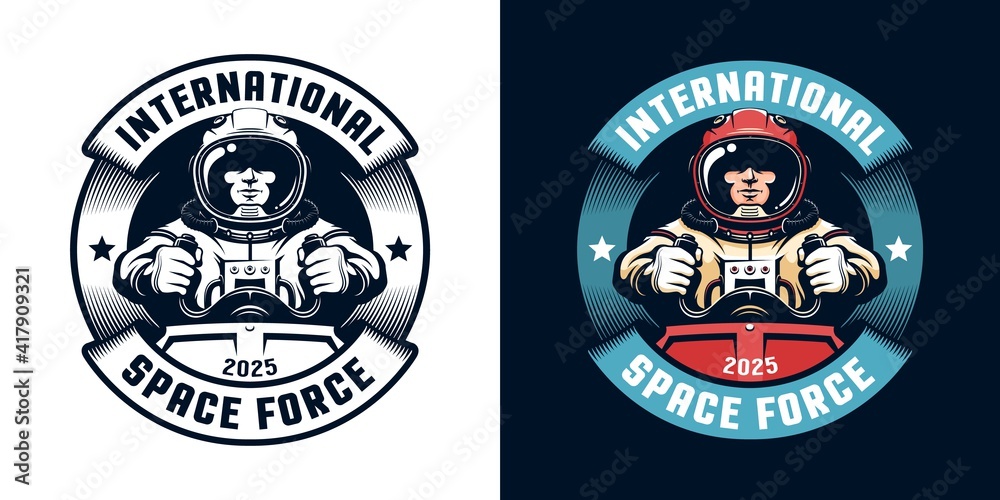 Astronaut retro badge with spaceship pilot. Space academy vintage logo with spaceman. Vector illustration.