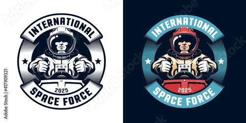 Astronaut retro badge with spaceship pilot. Space academy vintage logo with spaceman. Vector illustration.