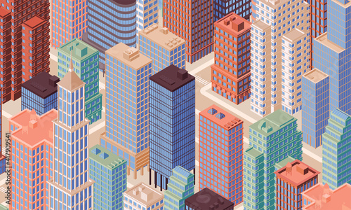 Isometric city centre, cityscape, city skyline. Vector illustration in flat design.