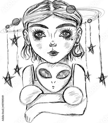 Cosmic girl sketch portrait - Cute little girl with alien toy