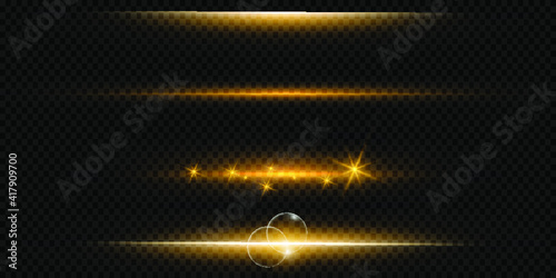 Gold light flash, glitter dust particles burst background, Vector golden shimmer flares glow line, magic glittering sparkles in black galaxy stock illustration