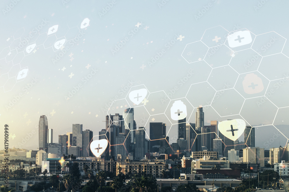 Abstract virtual medical hologram on Los Angeles cityscape background, online medical consulting concept. Multiexposure