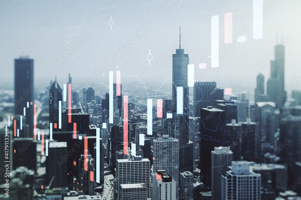 Multi exposure of virtual creative financial chart hologram on Chicago skyscrapers background, research and analytics concept