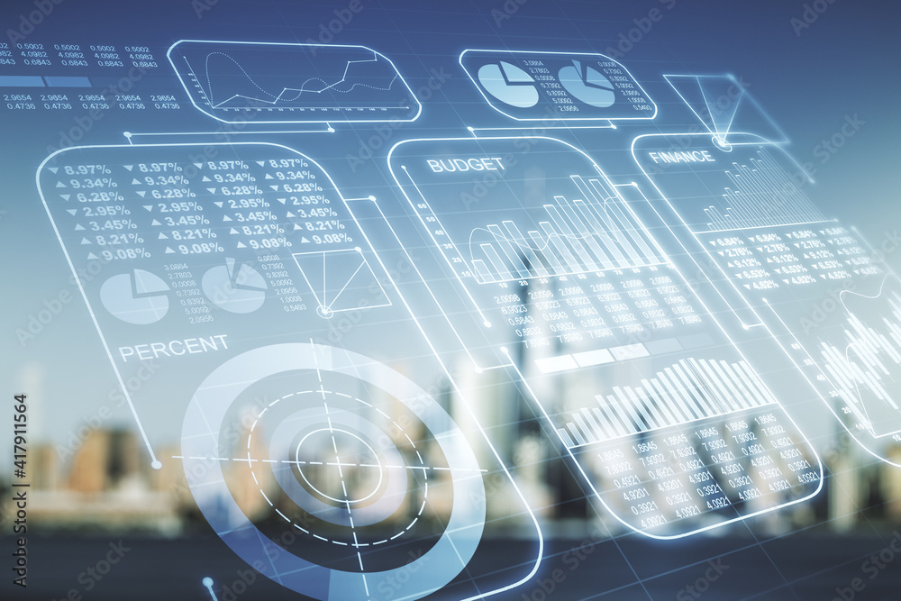 Multi exposure of abstract statistics data hologram interface on blurry office buildings background, computing and analytics concept
