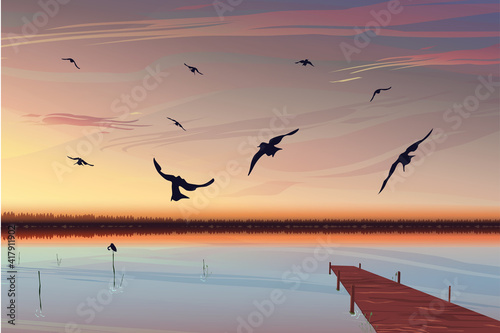 Bright realistic sunset over the lake with a pier in the background. Birds fly in the foreground. Beautiful dawn with a warm yellow-pink sky. Landscape over the quiet sea. Vector eps illustration.