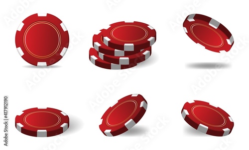 Realistic red matte casino chips for poker or roulette. Elements to design logo, website or banner. Vector illustration isolated on white background.
