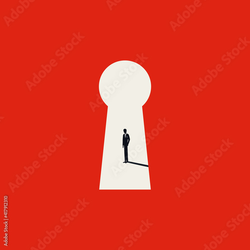 Business career solution vector concept with businessman standing in a keyhole. Symbol of challenge, success.
